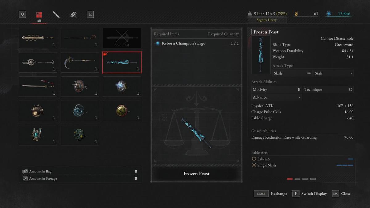 Lies of P menu showing the stats of the Frozen Feast.